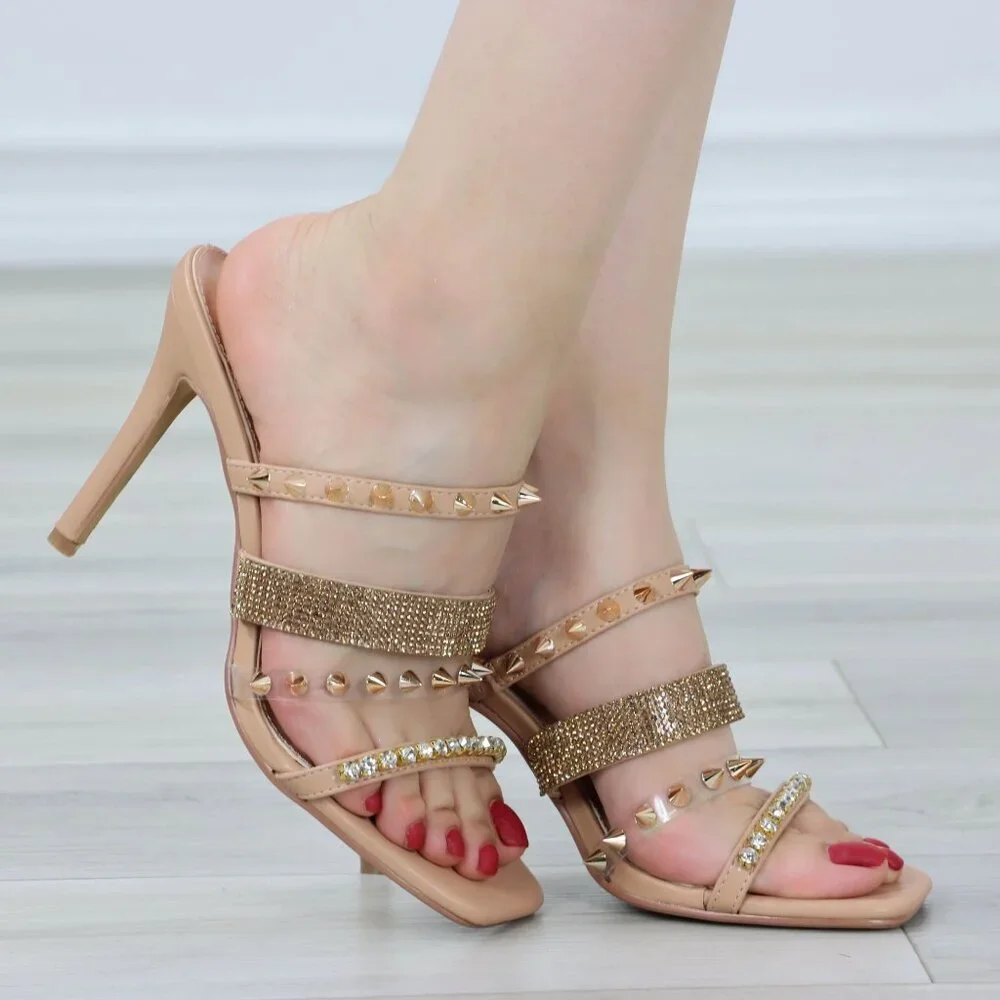 Nude Open Toe High Heel Sandals Slip On Mules Sparkly Rhinestone Straps - Picture 15 of 15